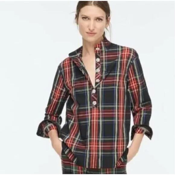 J. Crew Jeweled Button Tartan Plaid Popover Tunic Size 12 - Picture 1 of 8
